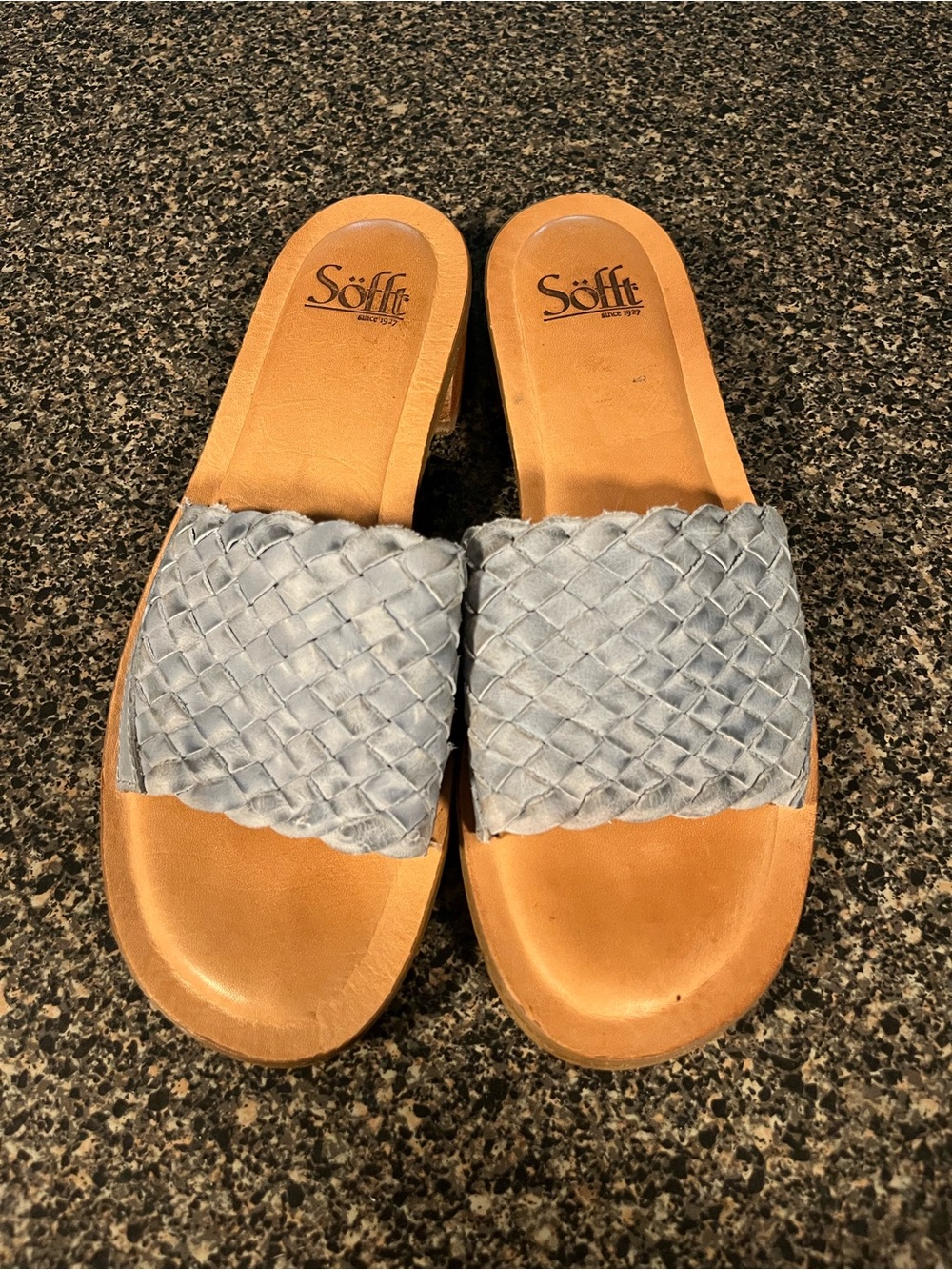 Sofft Light Blue Woven Slide Sandals with Tan Footbed